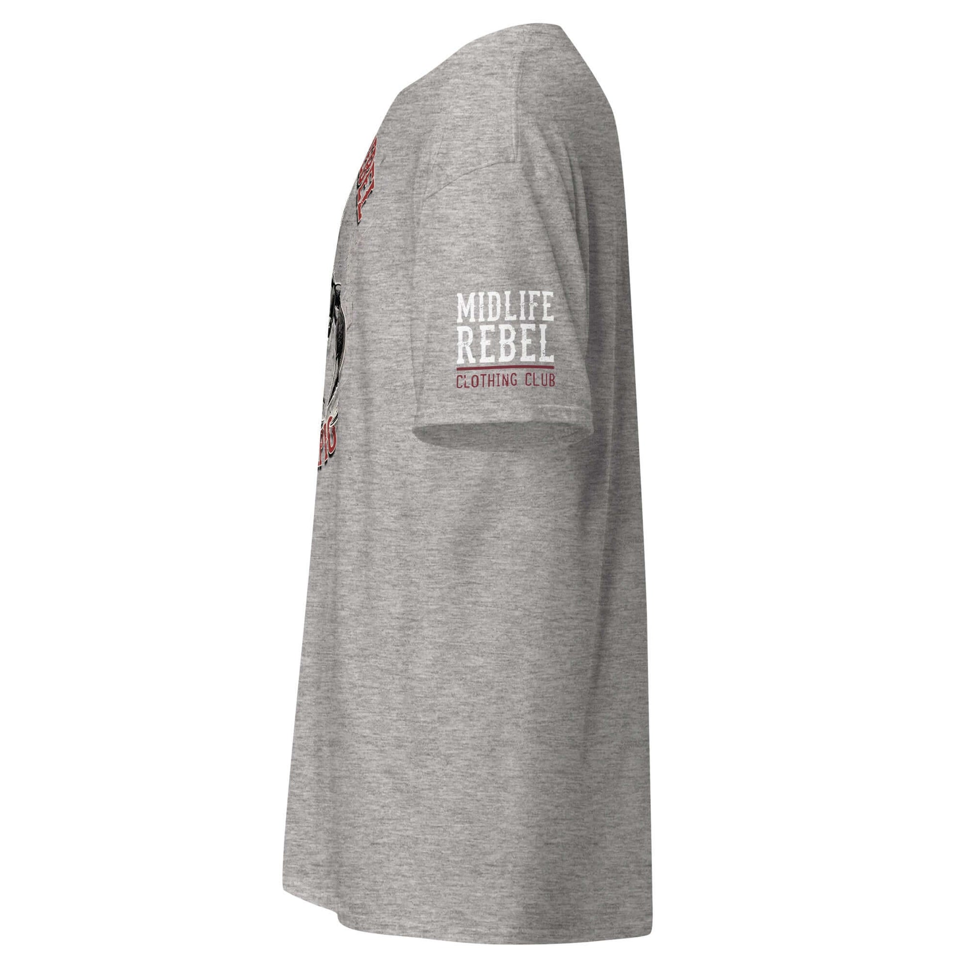 Side view of gray Scorpio Scorpion Zodiac T-shirt featuring Midlife Rebel brand text on sleeve. Astrology themed apparel for structured look.