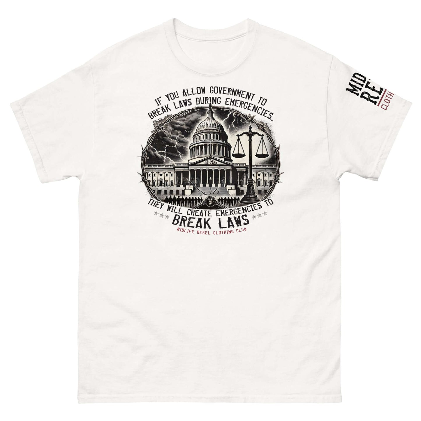 Classic tee with bold design of crumbling government building, broken scales of justice, and quote challenging unchecked power.