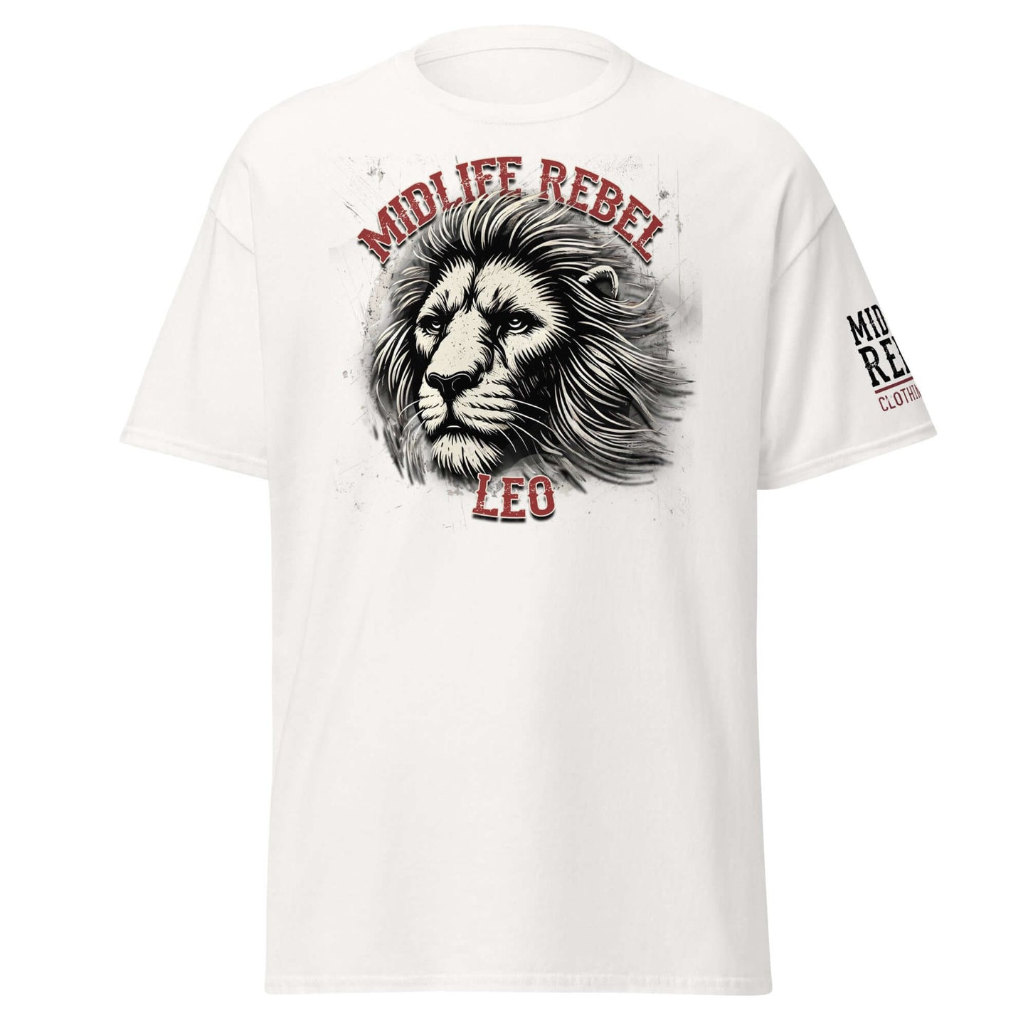 Leo Zodiac T-shirt by Midlife Rebel featuring fierce lion design, ideal for confident astrology enthusiasts. 100% cotton unisex tee.