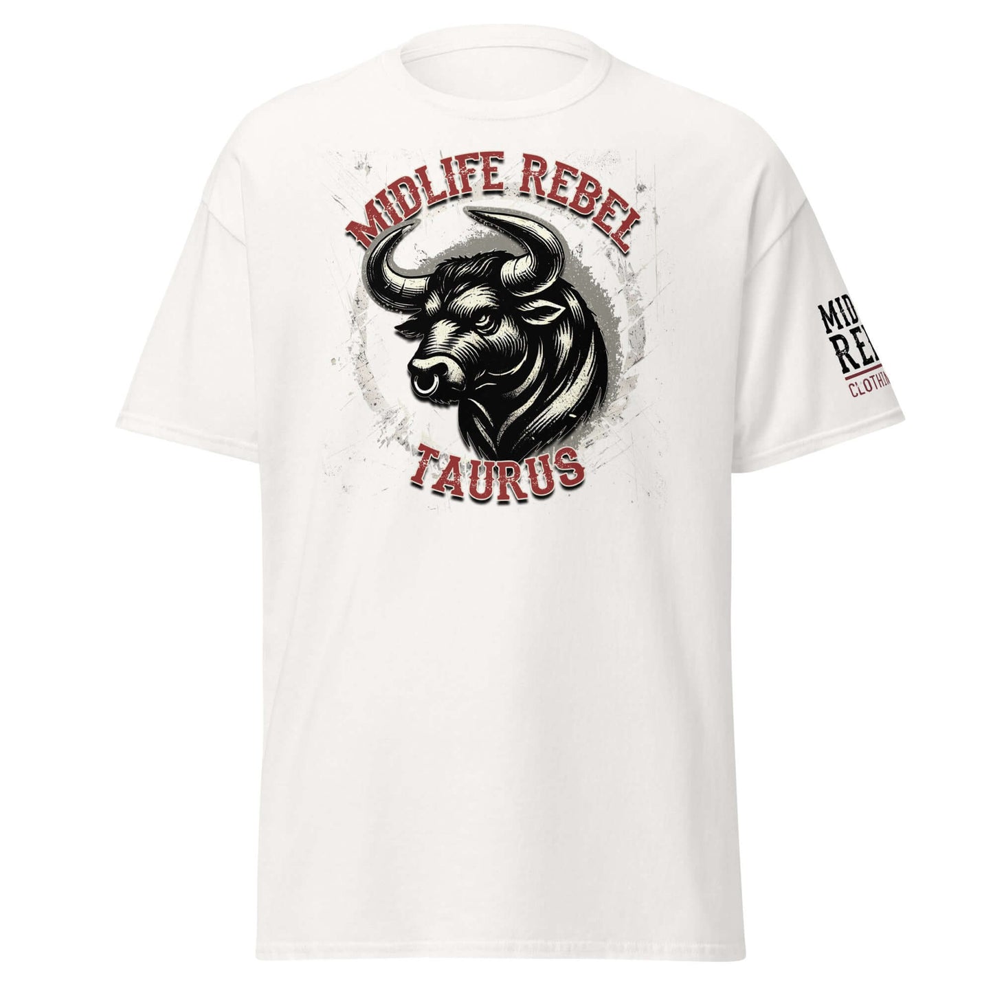 White Taurus Bull Zodiac T-shirt with Midlife Rebel graphic, showcasing strong Taurus energy and style.