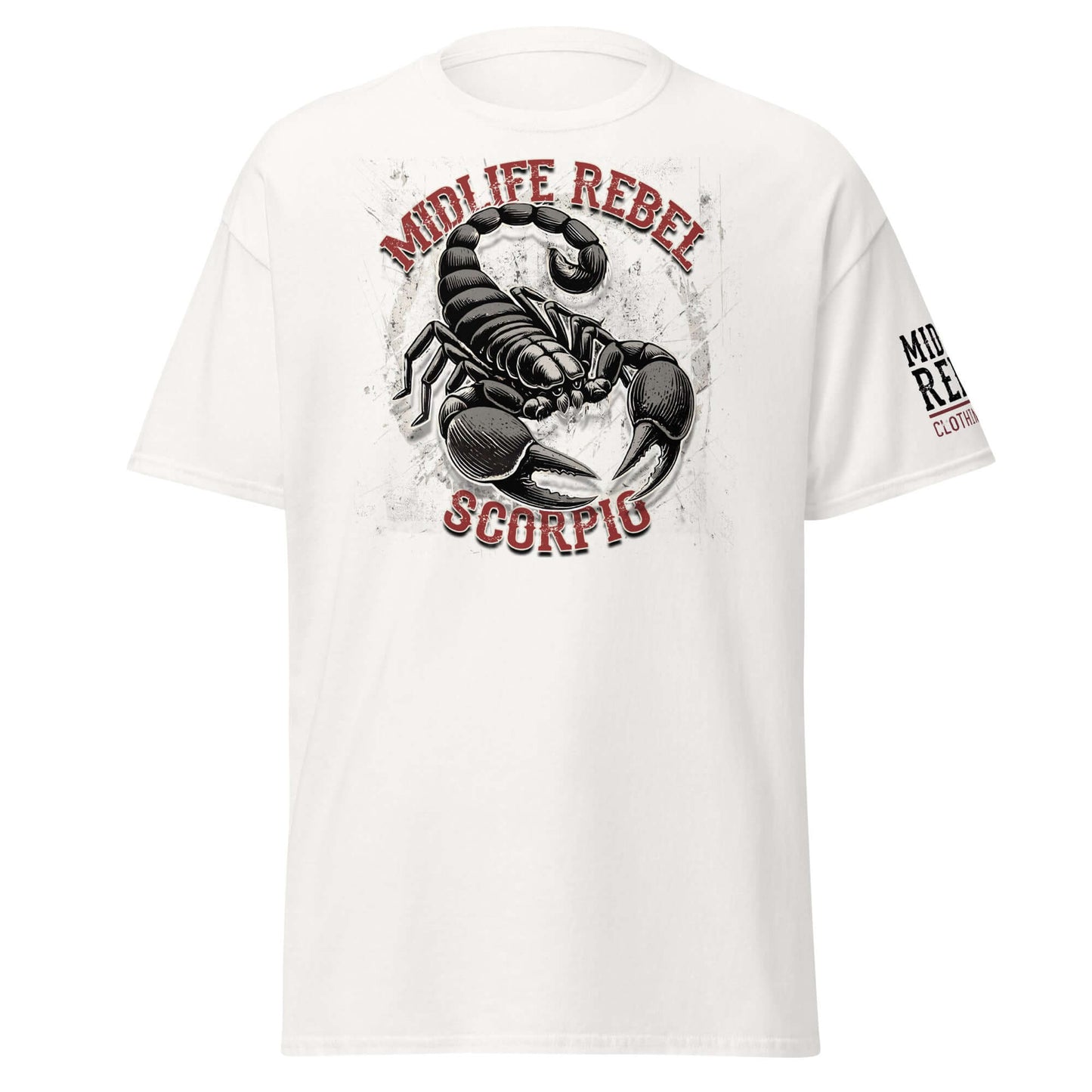 Scorpio Scorpion Zodiac T-shirt with bold design, featuring a striking scorpion graphic and 'Midlife Rebel' text on white cotton.