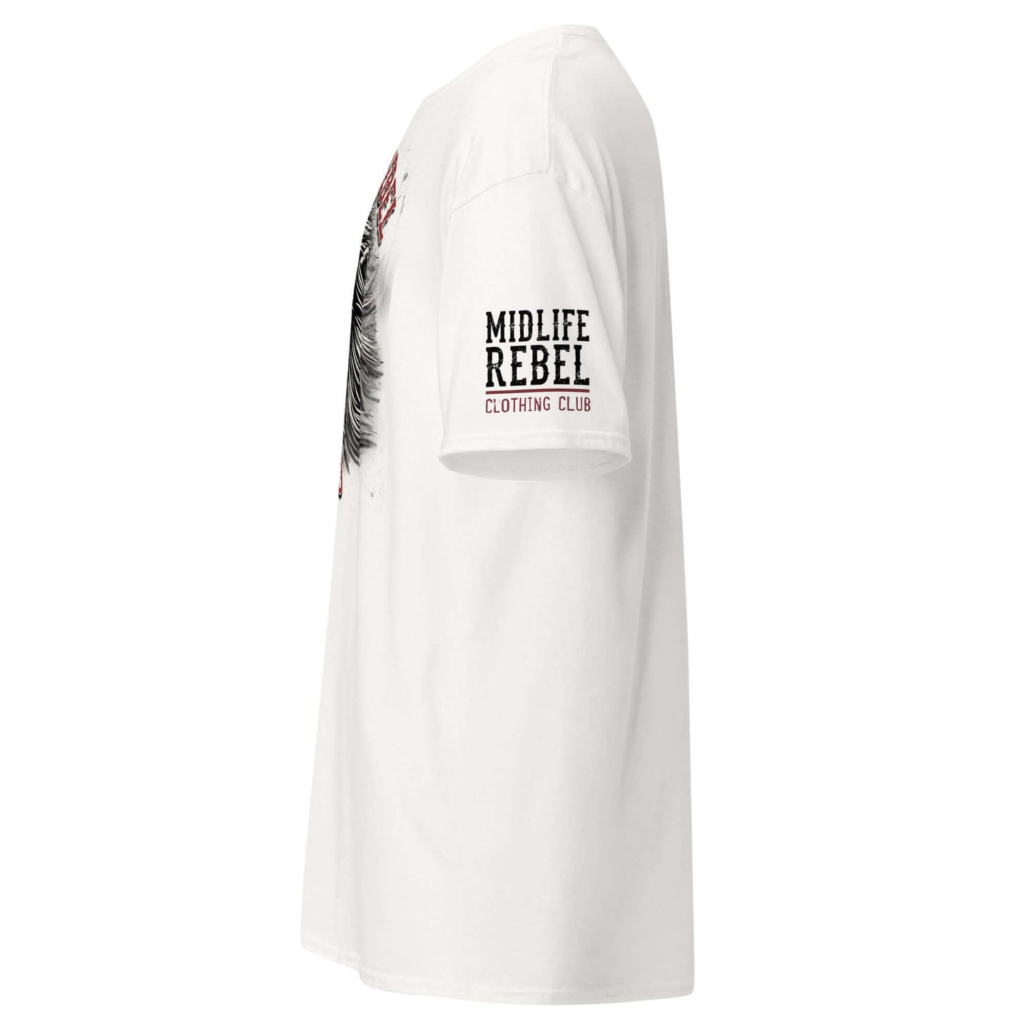 Side view of white Leo Lion Zodiac T-shirt featuring Midlife Rebel's bold lion design, 100% cotton, perfect for trendy streetwear.