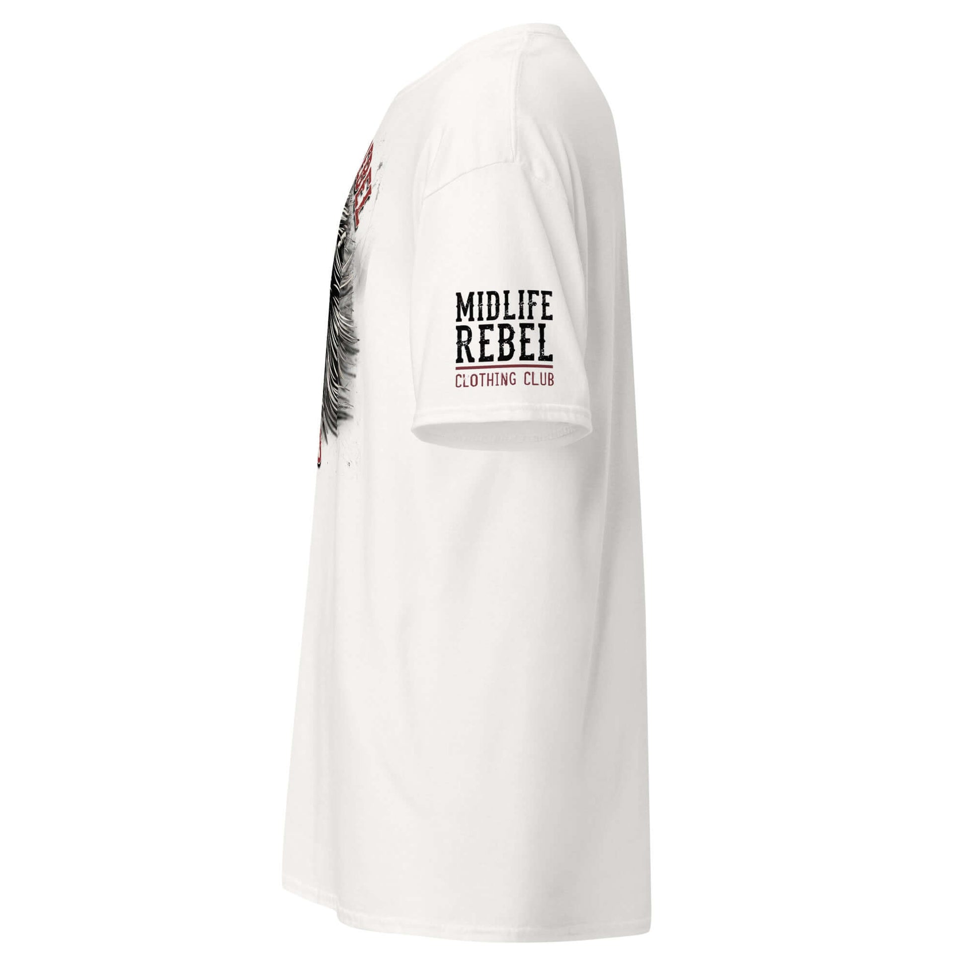 Side view of white Leo Lion Zodiac T-shirt featuring Midlife Rebel's bold lion design, 100% cotton, perfect for trendy streetwear.