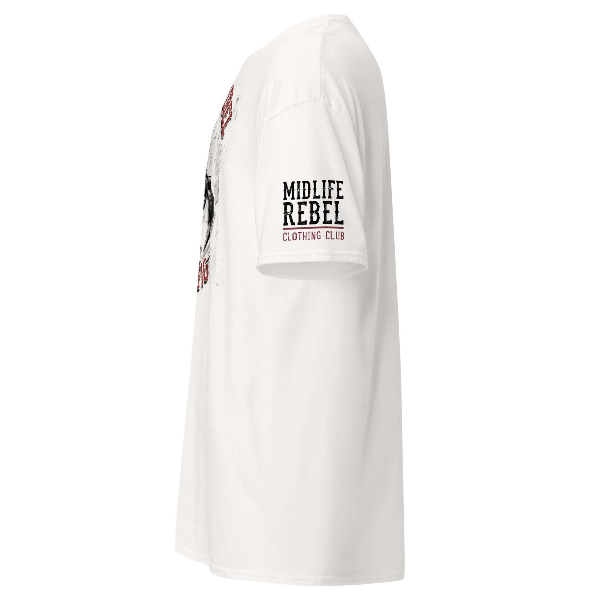 Side view of white Zodiac T-shirt with Scorpio Scorpion design, featuring Midlife Rebel text on the sleeve, made of 100% cotton.