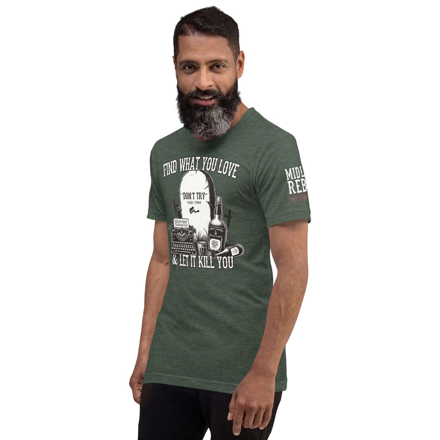 "Midlife Rebel Bukowski Collection shirt with 'Find What You Love & Let It Kill You' design featuring tombstone, whiskey bottles, and typewriter."