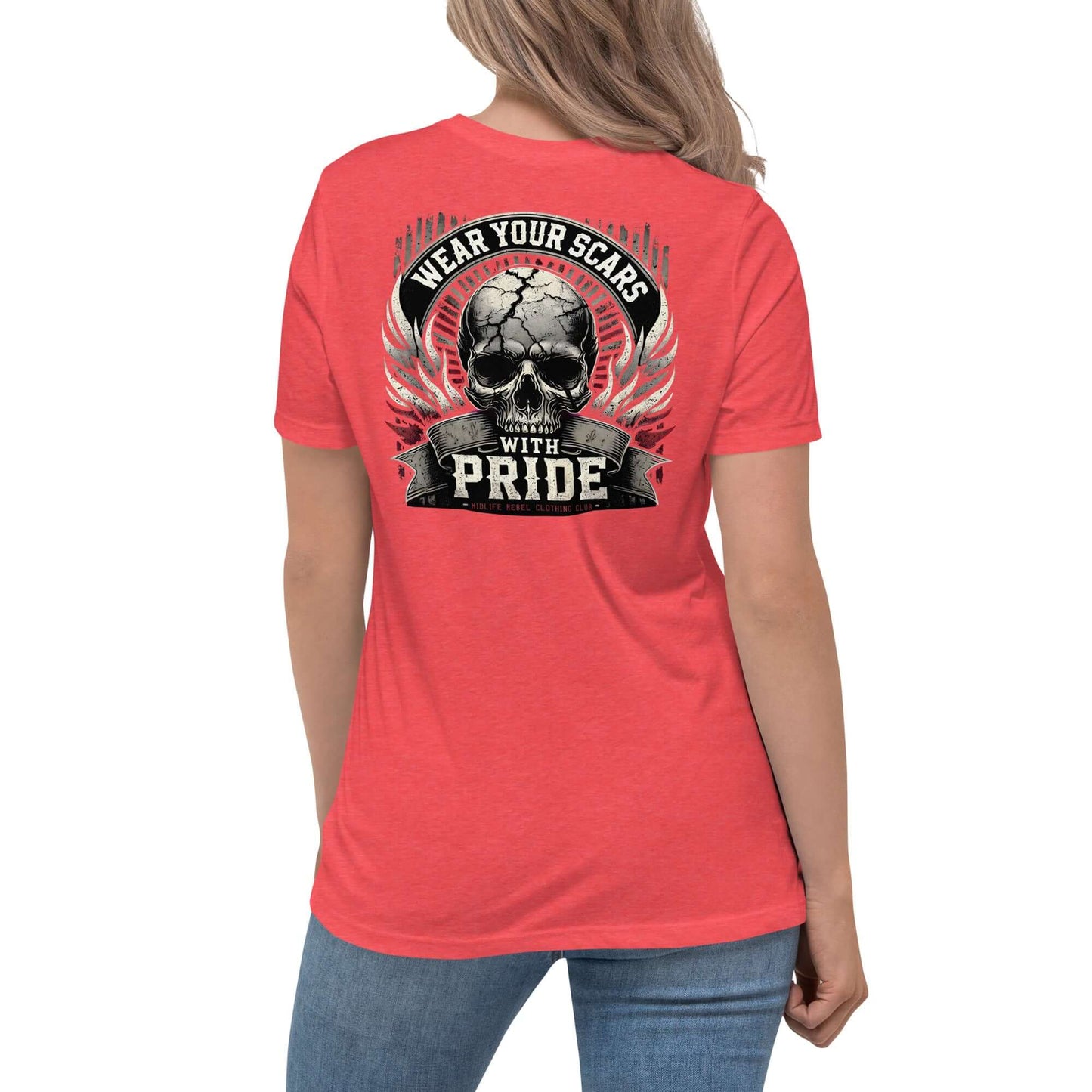 Woman wearing red t-shirt with "Wear Your Scars With Pride" skull design on the back, symbolizing resilience and strength.
