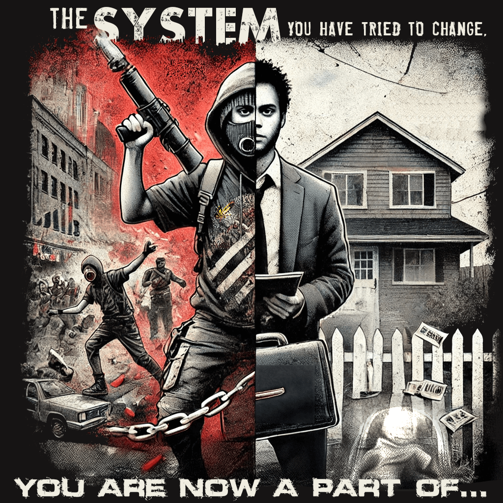 Contrasting image of rebellion versus conformity, depicting social unrest on one side and suburban life on the other with text about "The System."
