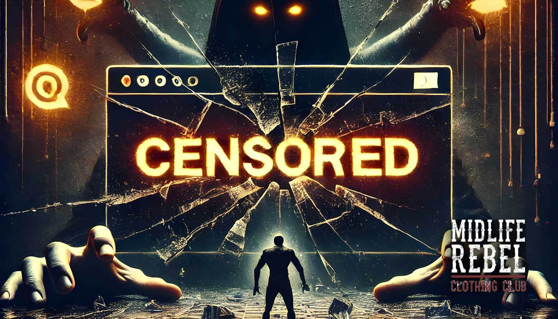 Dark figure faces giant hands controlling a cracked "Censored" computer screen, symbolizing online censorship and control.