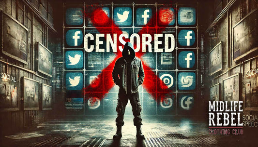 Person standing in front of censored social media logos with red cross symbolizing restricted freedom of speech.