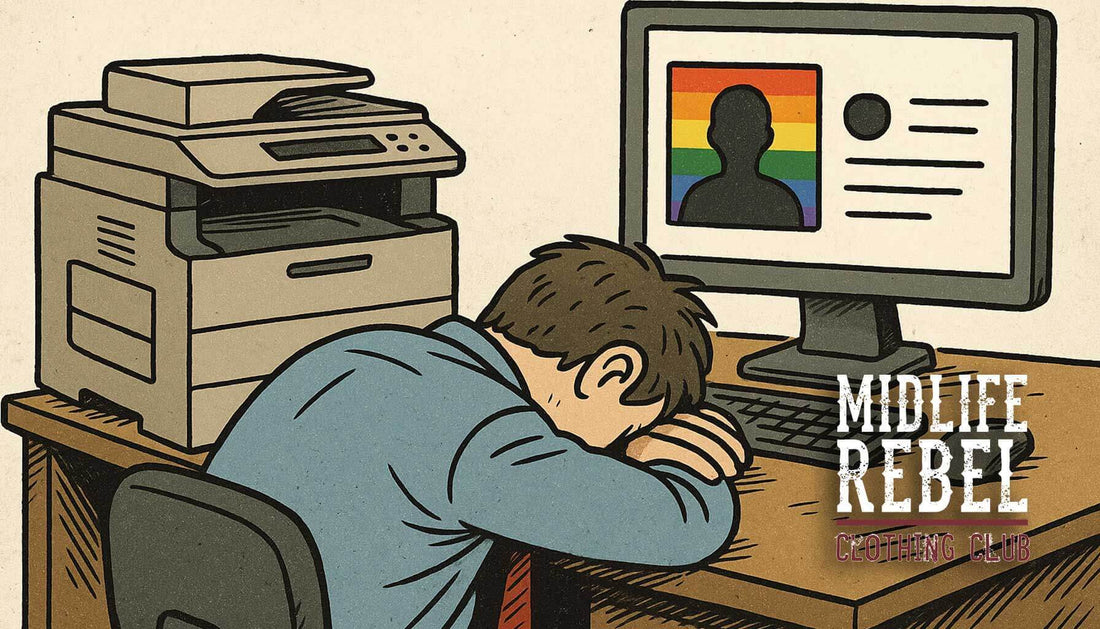 Illustration of a person slumped over a desk, with a rainbow image on a computer screen, highlighting corporate pride fatigue.