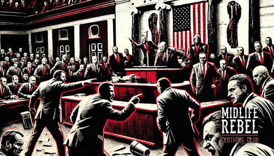Illustration of a chaotic political debate in a government setting, with an American flag and intense discussions.
