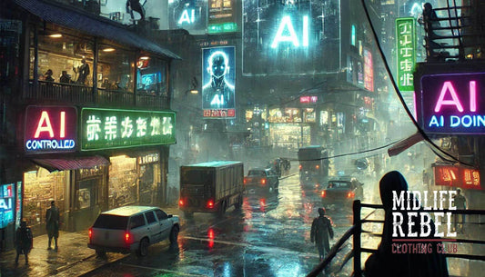 Futuristic city street with neon AI signs and a rainy ambiance, depicting technological advancements.