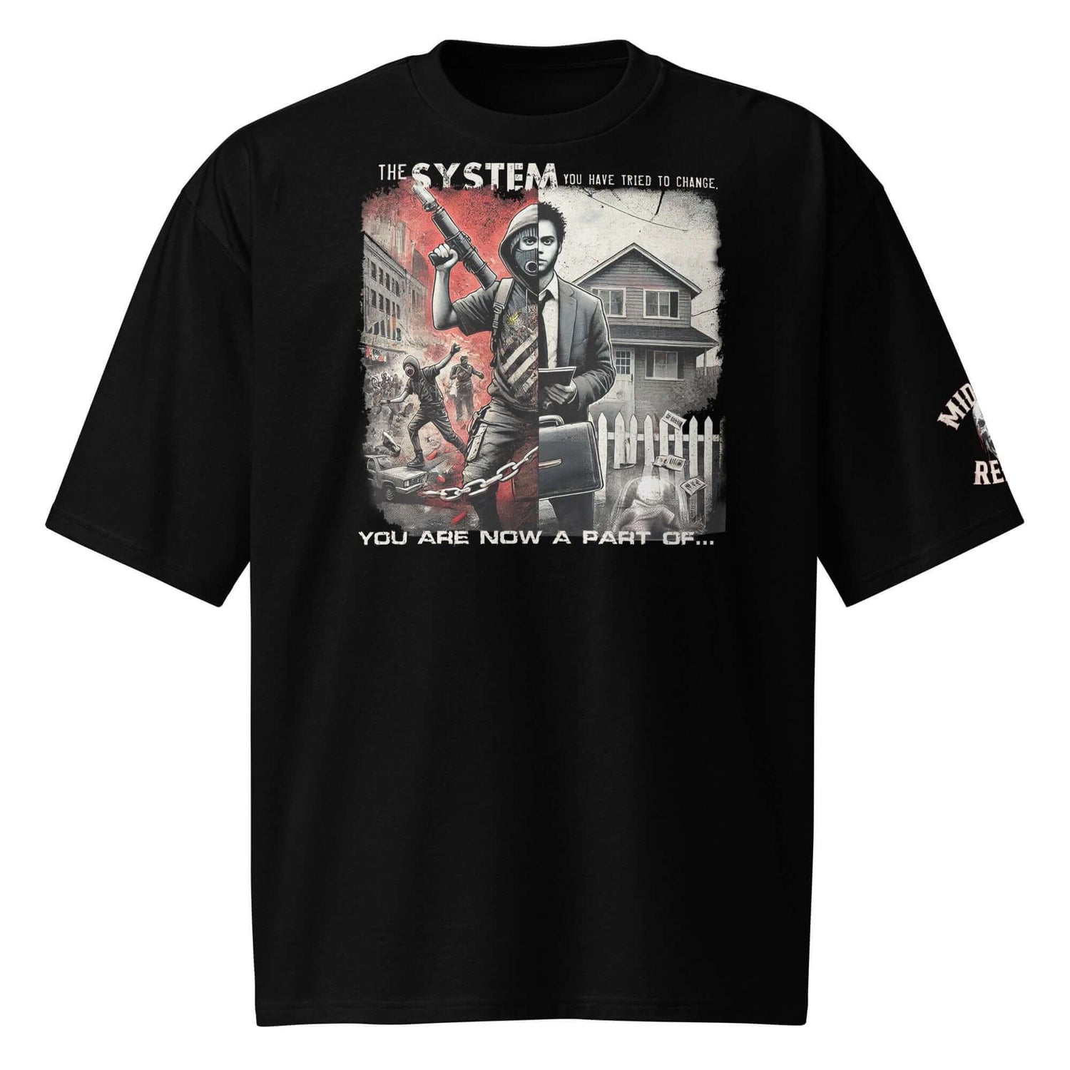Black t-shirt with bold graphic challenging societal norms, part of the Midlife Rebel Societal Collection.