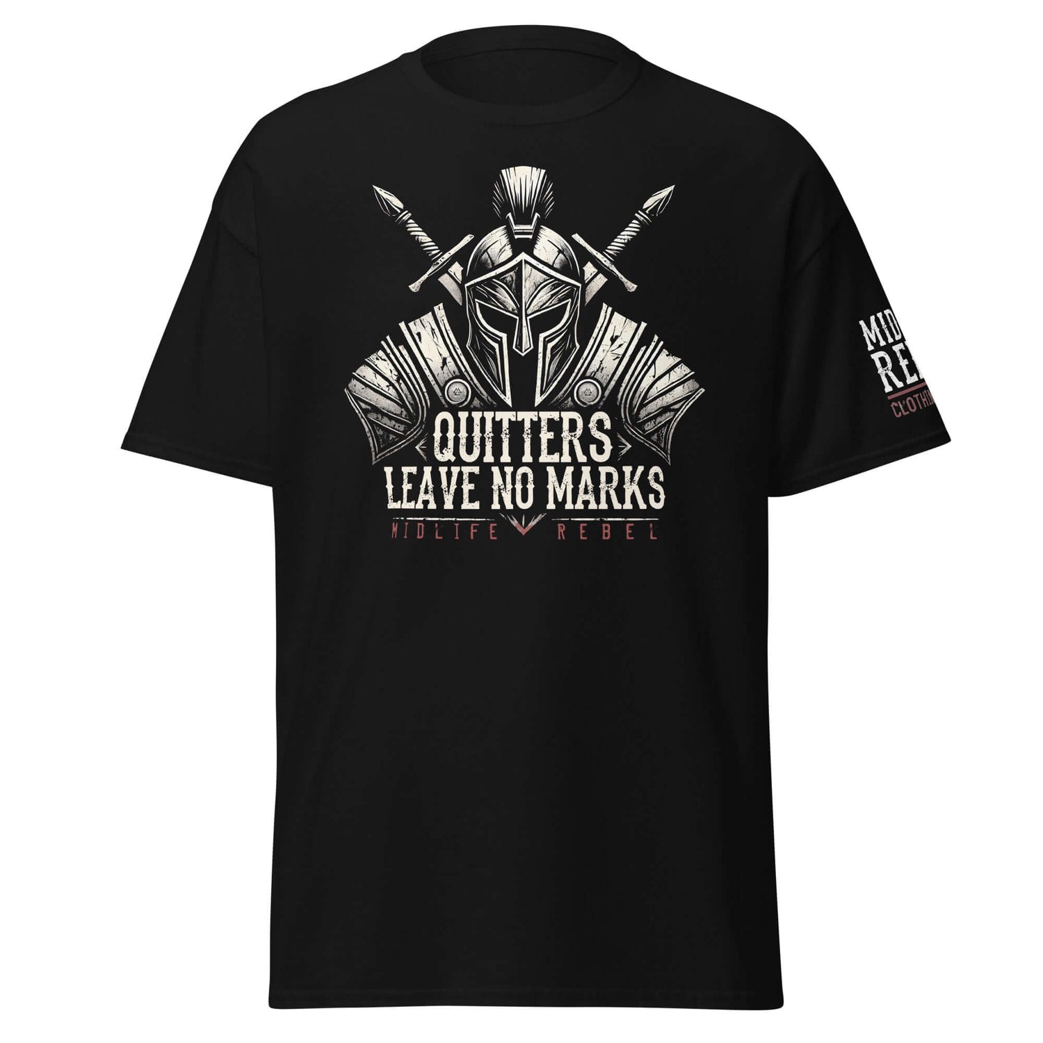 Viking Collection t-shirt featuring warrior helmet and swords with "Quitters Leave No Marks" slogan for strength and resilience.