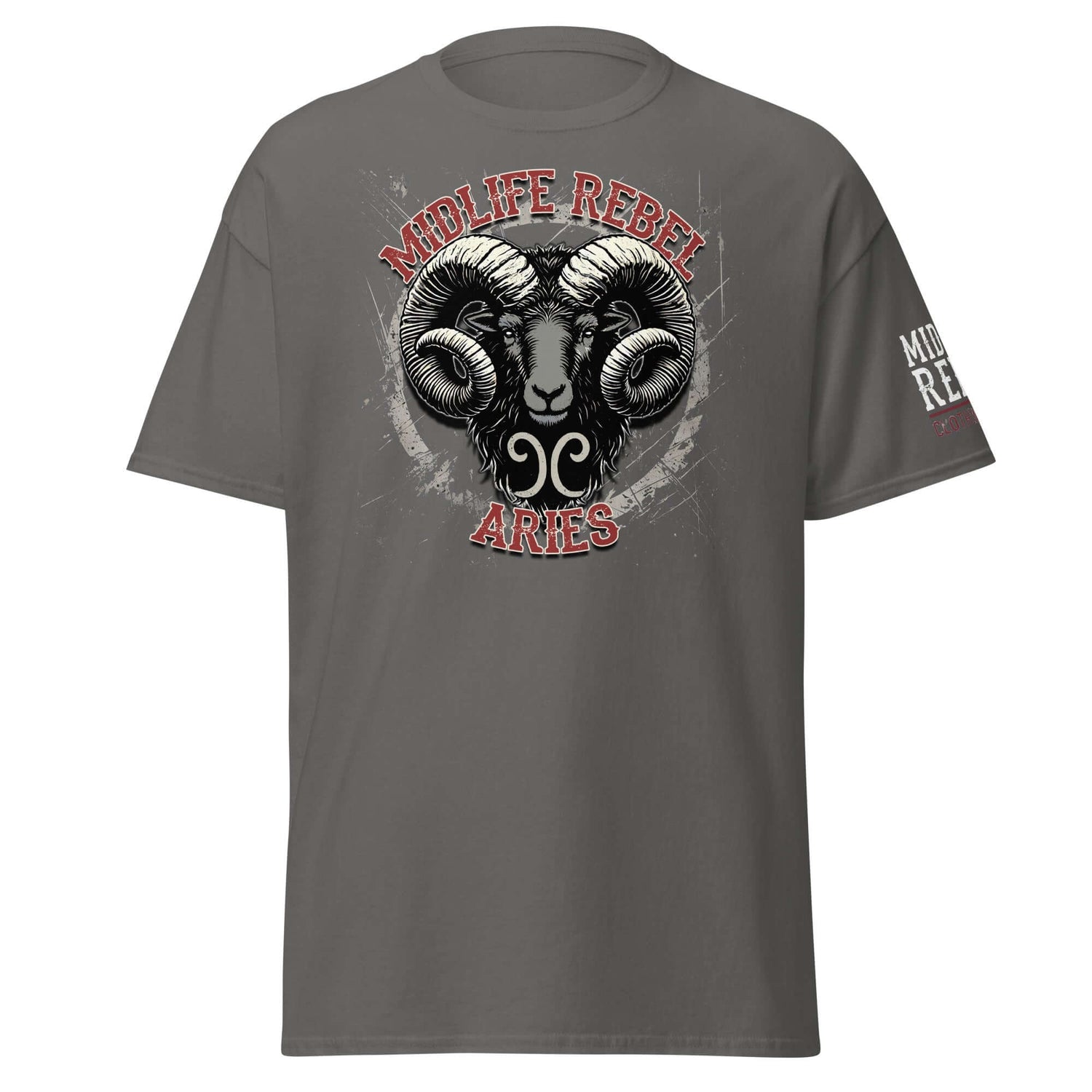 Aries t-shirt from Midlife Rebel Zodiac Collection featuring a bold ram design symbolizing strength and rebellion.