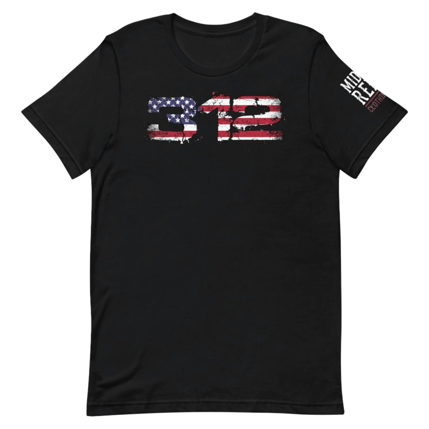 Black t-shirt with "312" in distressed American flag design from the Midlife Rebel Political Collection.