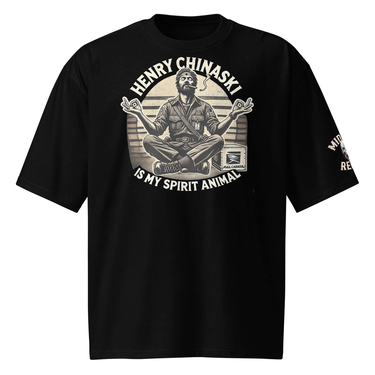 Midlife Rebel Bukowski shirt featuring "Hank Chinaski is My Spirit Animal" design with hank in his post office uniform meditating.