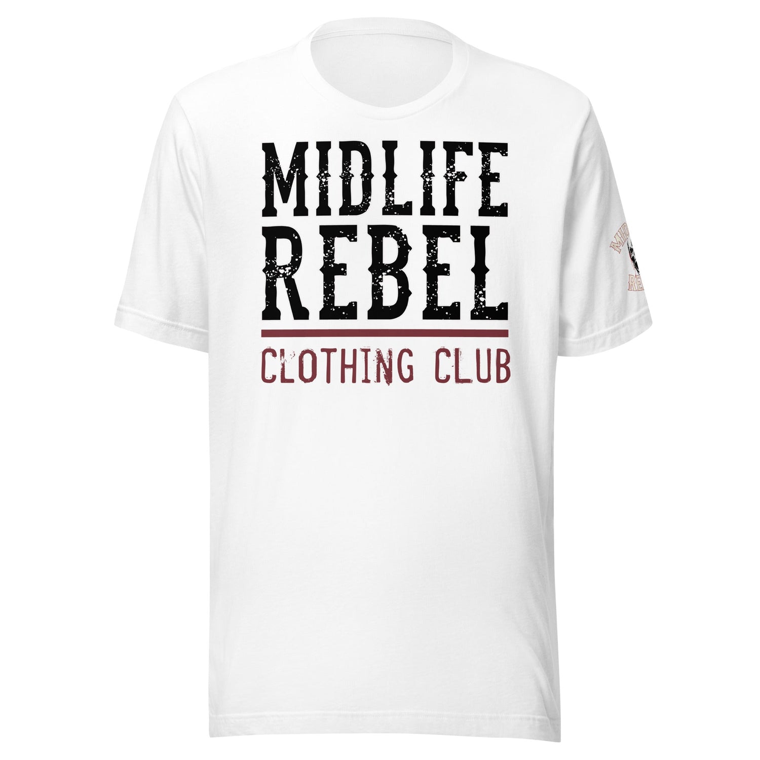 White t-shirt featuring a bold "Midlife Rebel Clothing Club" logo, symbolizing resilience and individuality.
