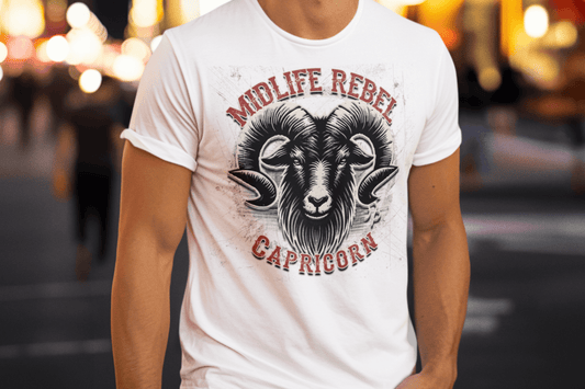 Capricorn Midlife Rebel Clothing Club man wearing a round neck tee on the street at night