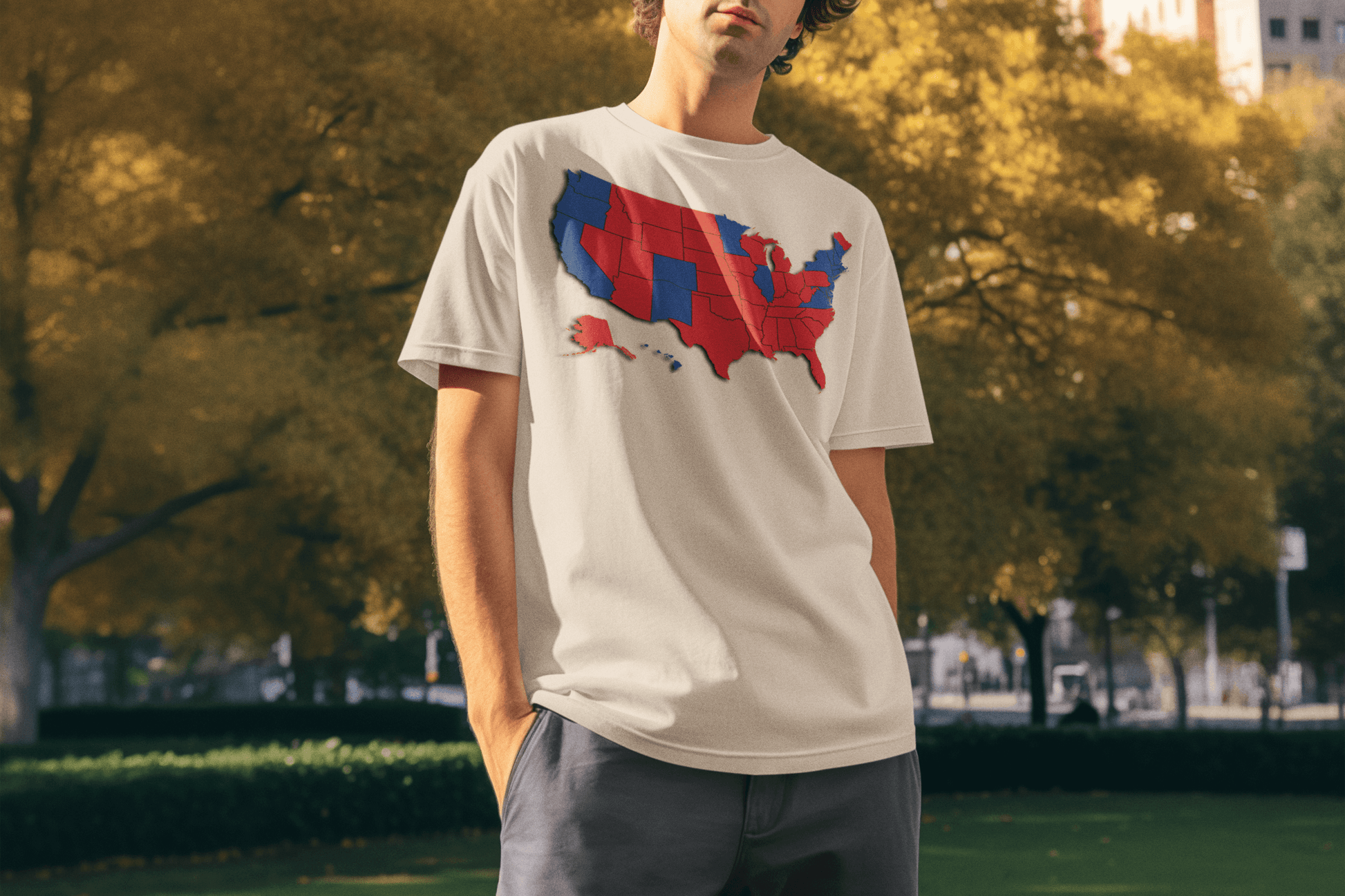 Person wearing "Mandate By Popular Vote" Midlife Rebel t-shirt with US map political design, standing outdoors.