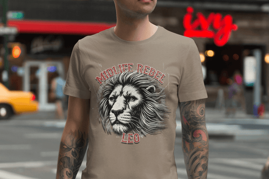 Man wearing Leo Lion Zodiac T-shirt in urban setting, featuring fierce lion design and Midlife Rebel text, emphasizing confidence and leadership.