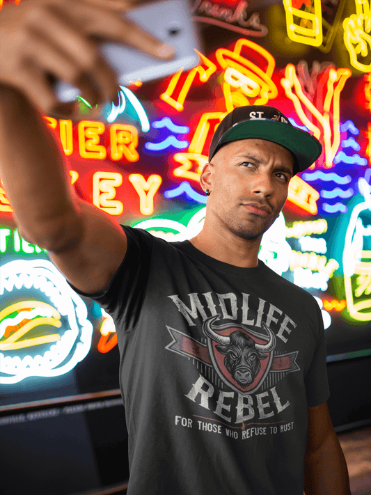 Midlife-Rebel-Clothing-Club-Bull-black-man-taking-a-selfie-against-neon-signs