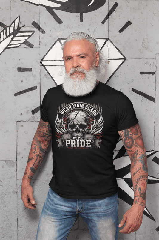 Midlife-Rebel-Clothing-Club-Scars-senior-man-with-a-white-beard-and-tattoos