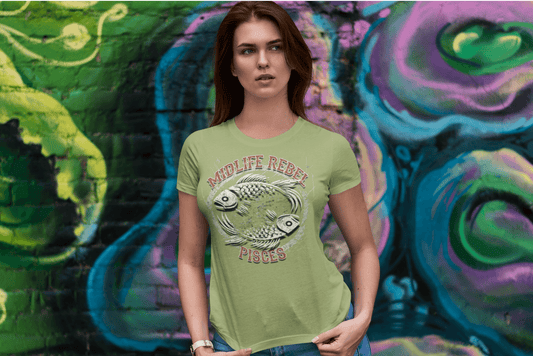 Woman wearing a Pisces Fish Zodiac T-shirt with astrology design and colorful graffiti background.