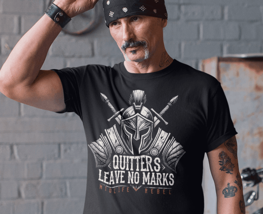 Quitters Leave No Marks t-shirt on a biker with a thick mustache