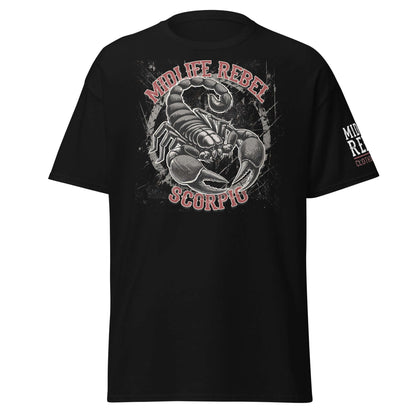 Black tee with Scorpio scorpion design, Midlife Rebel text, zodiac apparel for intensity and transformation.