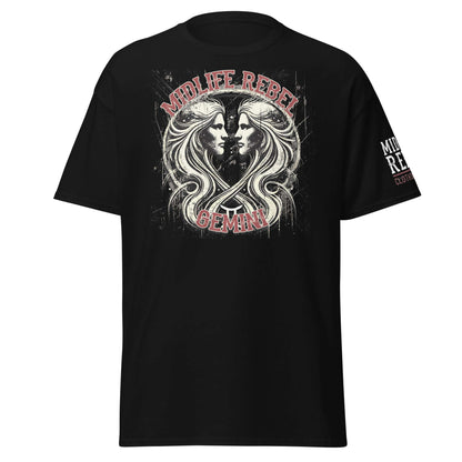 Black Gemini Twins Zodiac T-shirt with abstract twin design, Midlife Rebel branding, astrology apparel, unisex cotton tee.