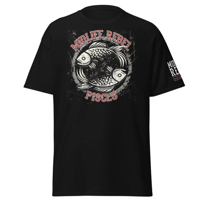 Black Pisces Fish Zodiac T-shirt with Midlife Rebel design, featuring dual fish motif reflecting intuition and creativity.