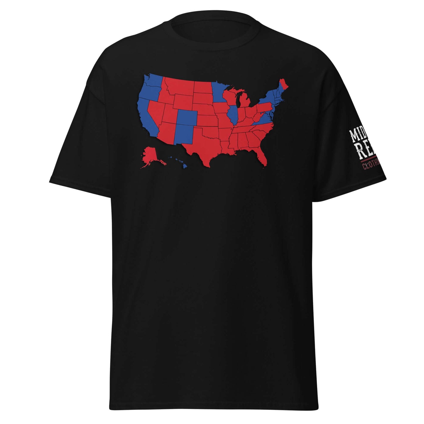 Black Midlife Rebel t-shirt with red and blue US map design, titled "Mandate By Popular Vote," representing political division and victory.