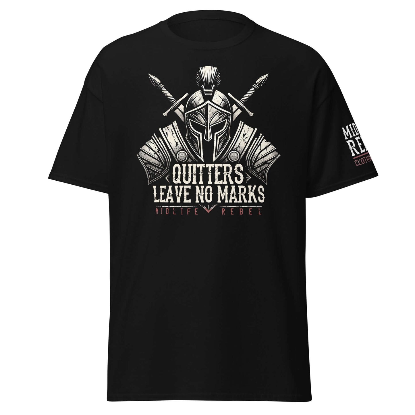 "Quitters Leave No Marks unisex tee with Viking-inspired warrior design and bold typography on black shirt"