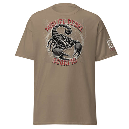 Scorpio Scorpion Zodiac T-shirt featuring Midlife Rebel design, representing intensity and transformation in astrology apparel.