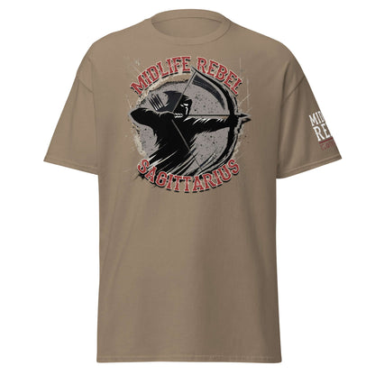 Beige Sagittarius Archer T-shirt featuring Midlife Rebel design, ideal for astrology enthusiasts seeking a bold and adventurous look.