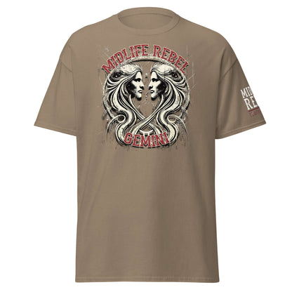 Gemini Twins Zodiac T-shirt featuring abstract twin design and Midlife Rebel text, unisex cotton apparel for astrology enthusiasts.