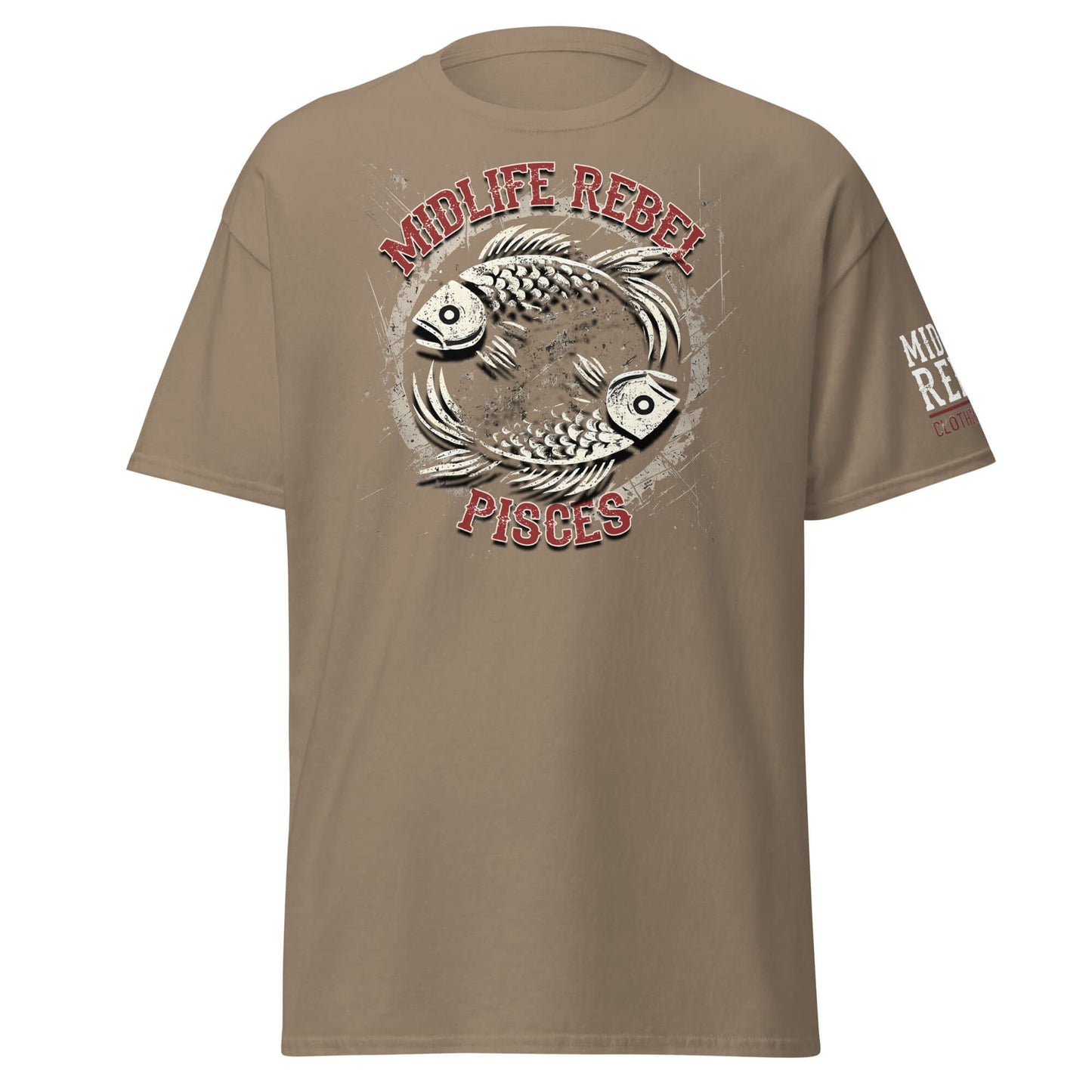 Brown unisex Pisces Zodiac t-shirt with fish design symbolizing intuition and duality, perfect for astrology enthusiasts.