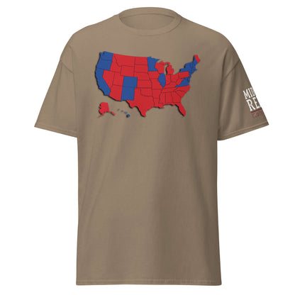 "Mandate By Popular Vote T-shirt with USA political map design in red and blue, part of the Midlife Rebel Political Collection"