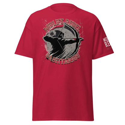 Red Sagittarius Archer t-shirt with Midlife Rebel design, symbolizing adventure and passion in astrology apparel.