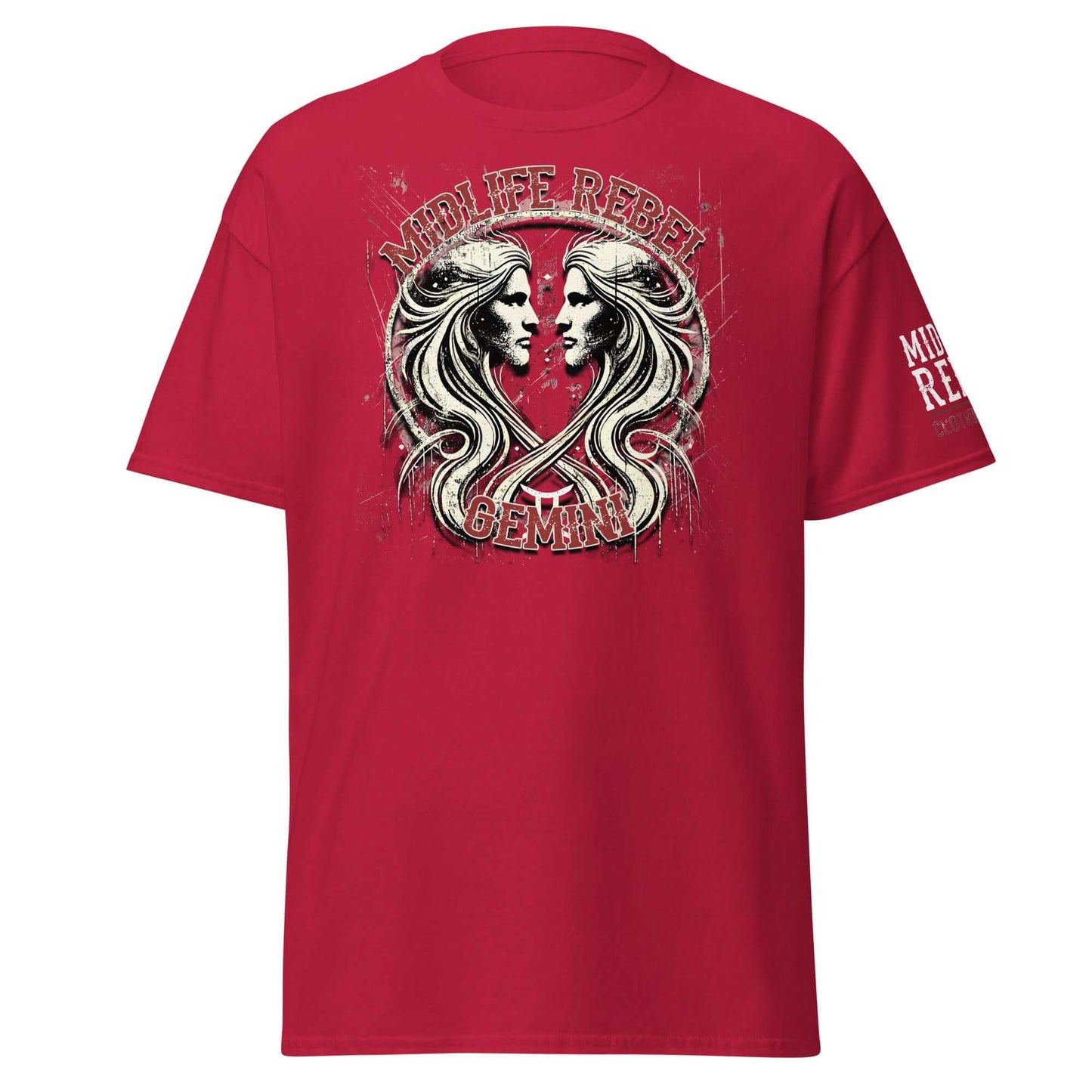 Red Gemini Twins Zodiac T-shirt featuring abstract design for astrology enthusiasts, Midlife Rebel collection.