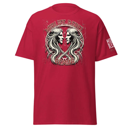 Red Gemini Twins Zodiac T-shirt featuring abstract design for astrology enthusiasts, Midlife Rebel collection.