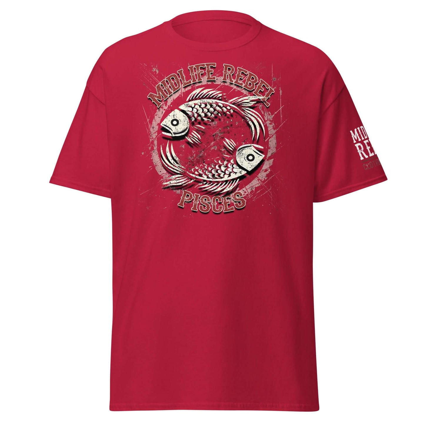 Red Pisces zodiac t-shirt with fish design, perfect for astrology enthusiasts seeking trendy cotton apparel.