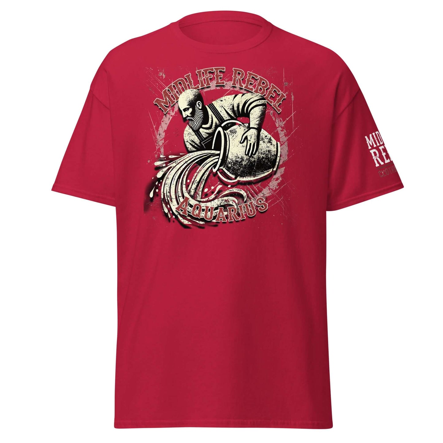 Red Aquarius Water Bearer T-shirt with bold design, ideal for astrology enthusiasts and rebels seeking innovative style.