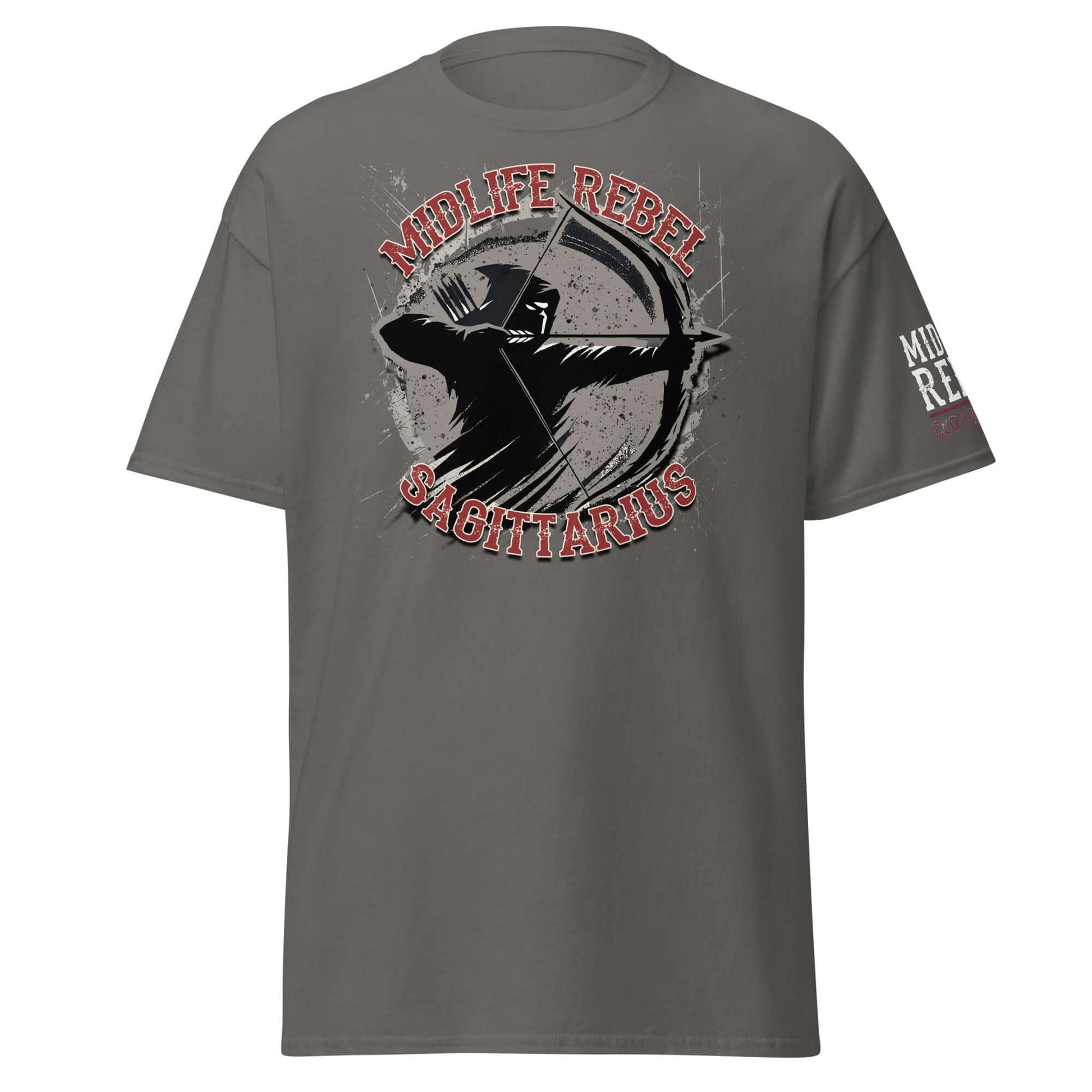 Sagittarius Archer T-shirt featuring Midlife Rebel design, symbolizing adventure and passion in astrology apparel.