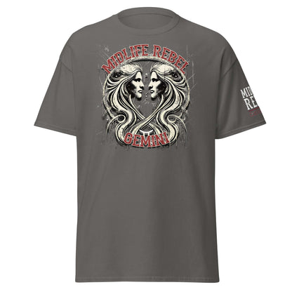Grey Gemini Twins T-shirt with abstract twin design, Midlife Rebel logo, astrology-inspired unisex apparel.