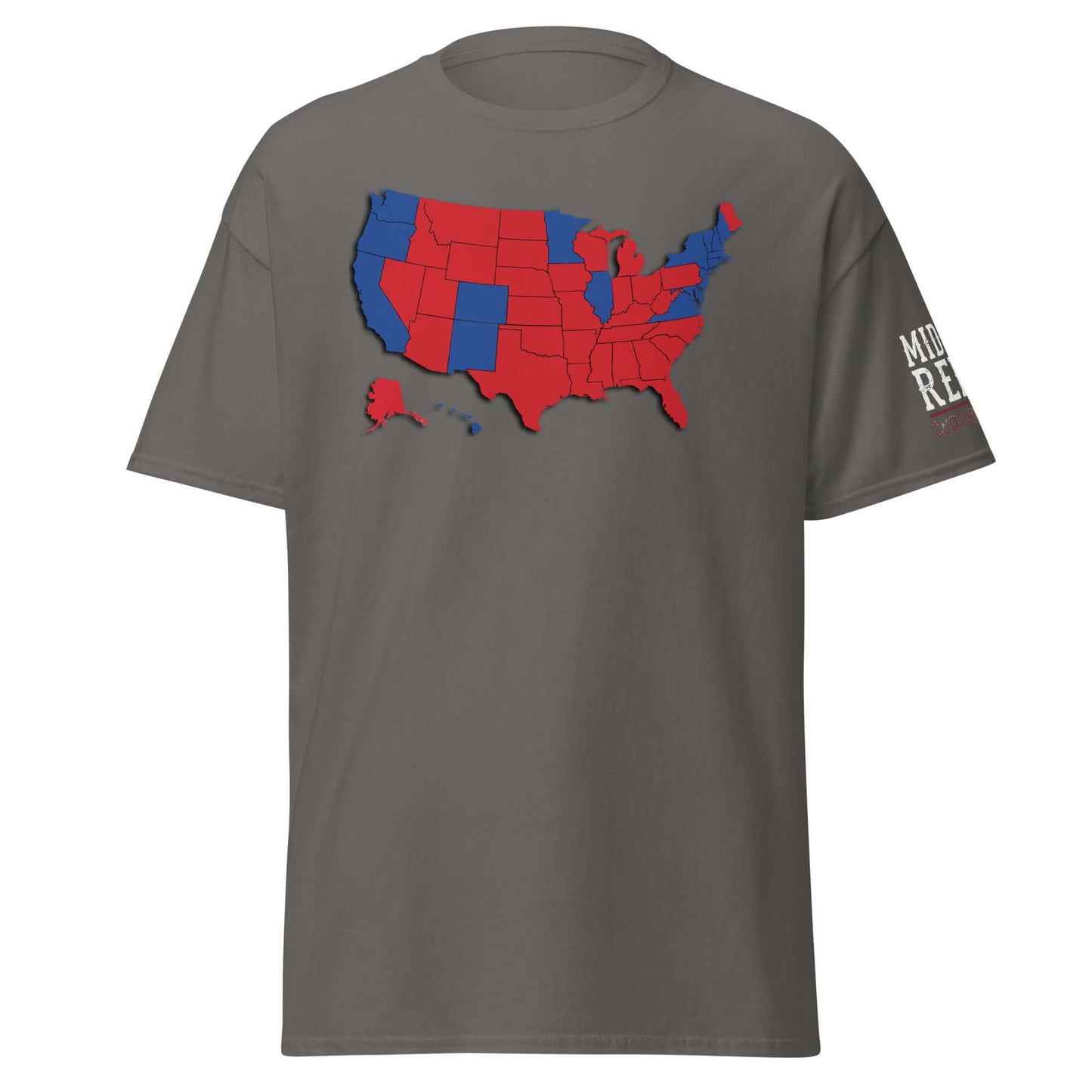 Mandate By Popular Vote t-shirt with USA map design in red and blue, showcasing political divide in Midlife Rebel's Political Collection.