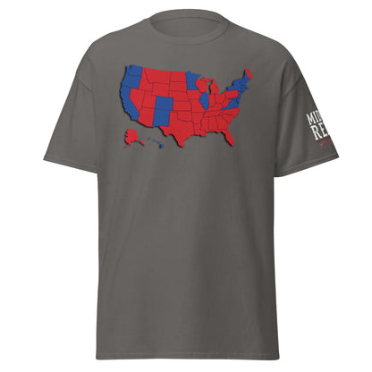 Mandate By Popular Vote t-shirt with USA map design in red and blue, showcasing political divide in Midlife Rebel's Political Collection.