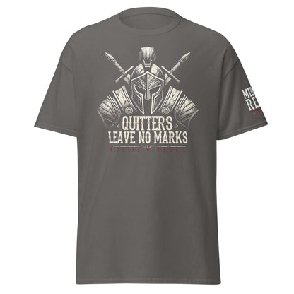 Unisex tee with "Quitters Leave No Marks" Viking design, featuring Norse patterns and warrior chest plate, symbolizing resilience and strength.