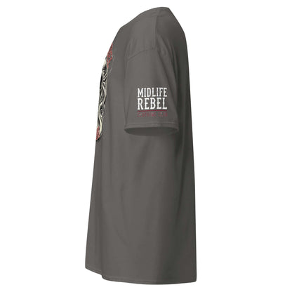 Side view of Gemini Twins Zodiac T-shirt showcasing Midlife Rebel design, perfect for a structured streetwear look.